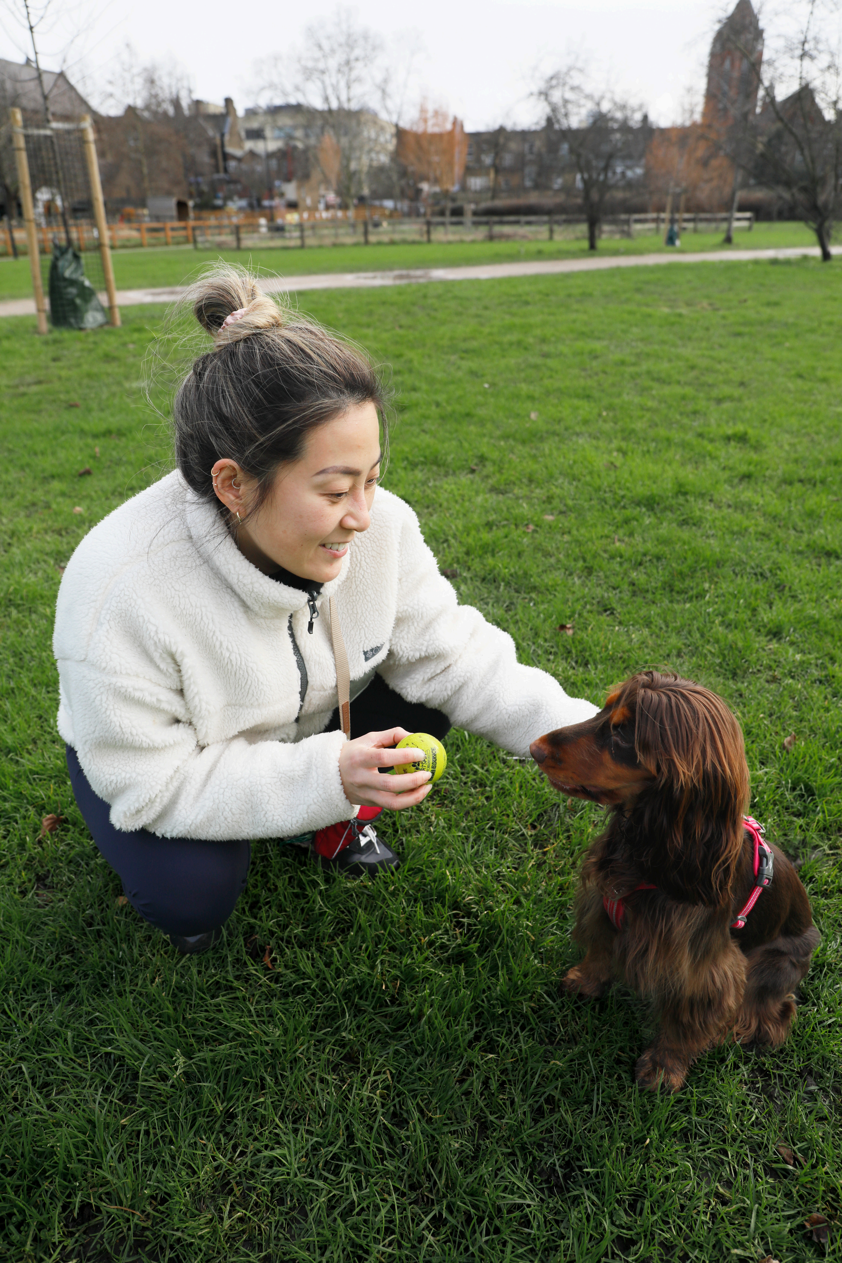 Resident spending time with a dog in a Lambeth park