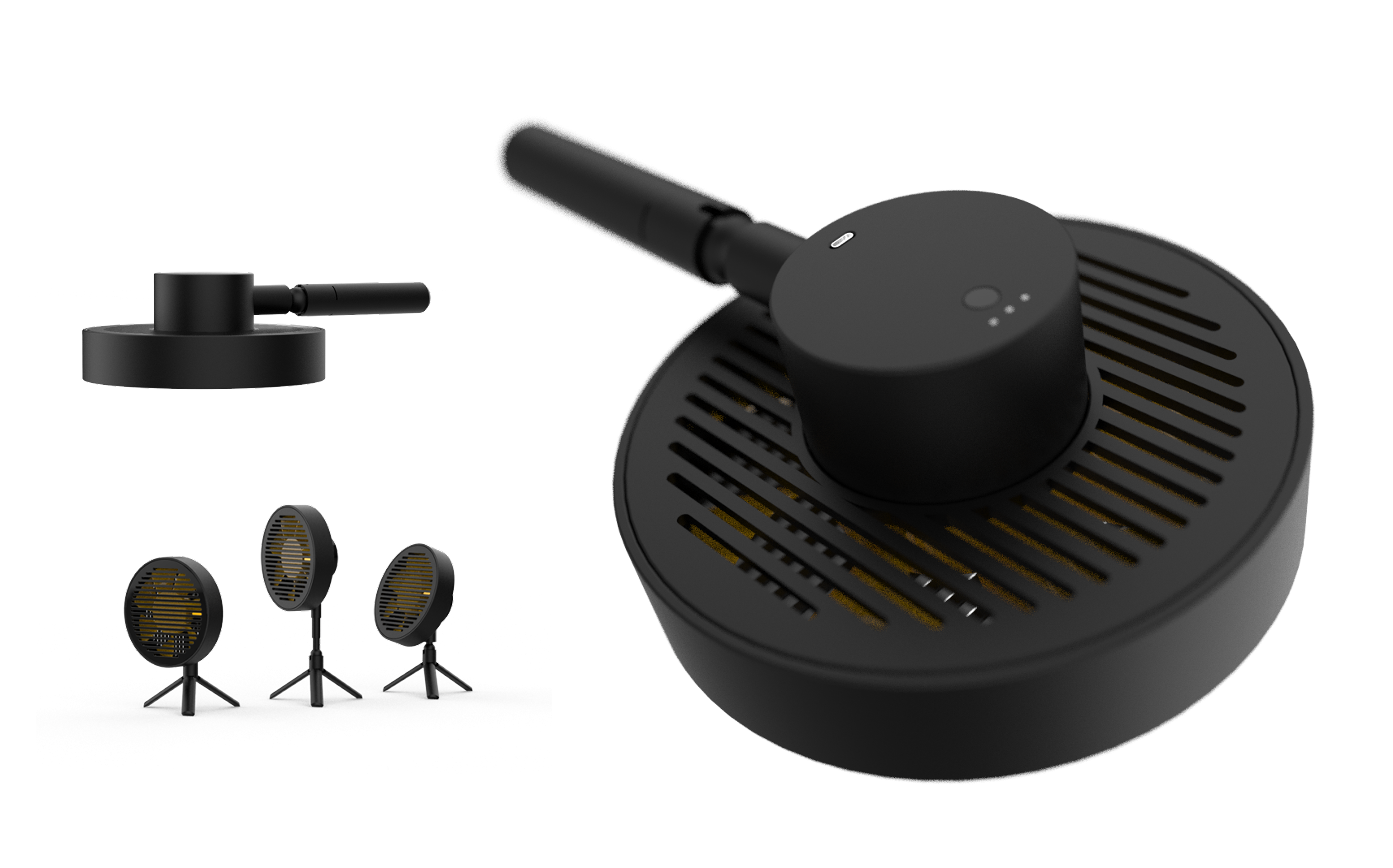 Minimal fan shown in handheld and desktop configurations